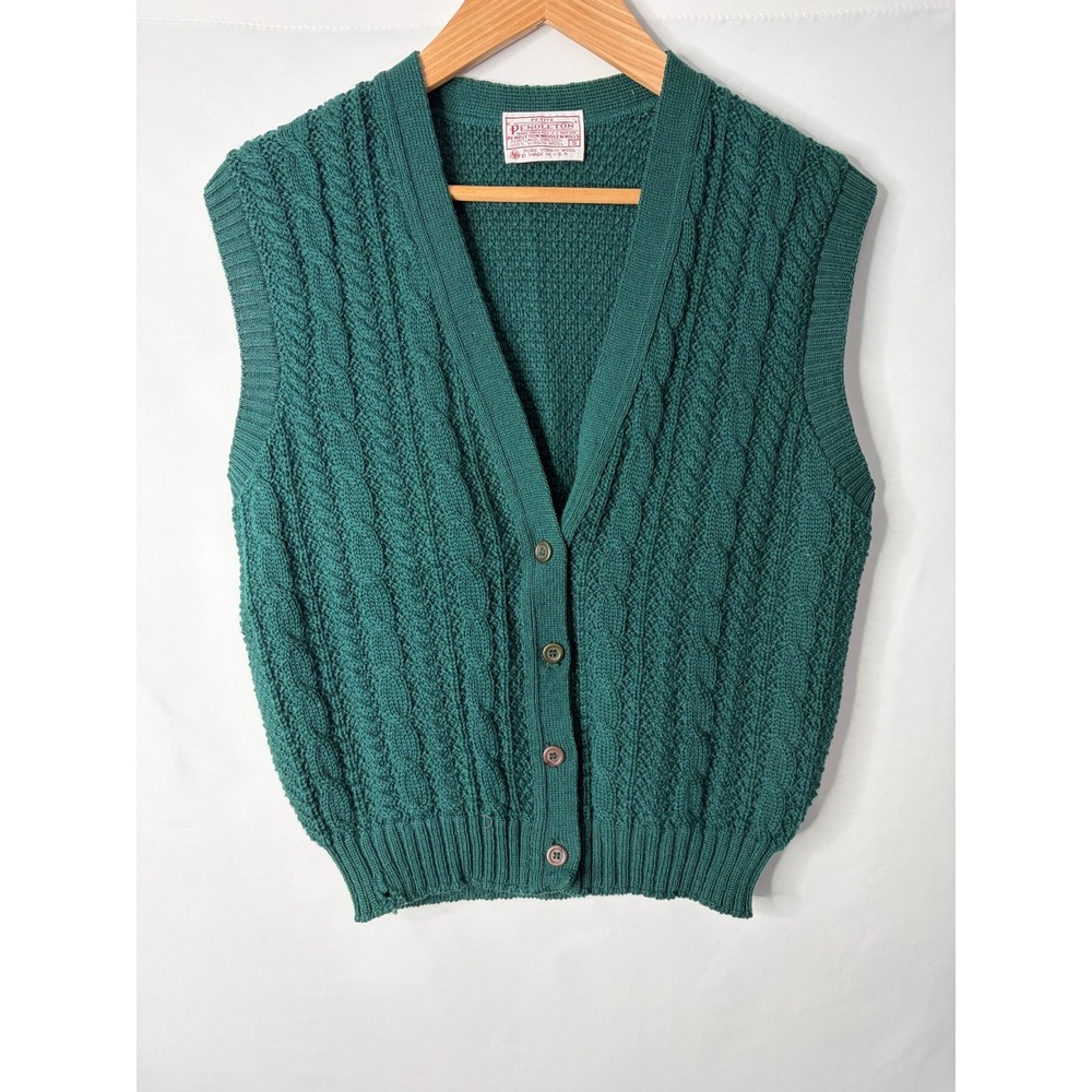 Vintage Pendleton Green Cable Knit Wool Cardigan Vest Sz S Petite Made in USA